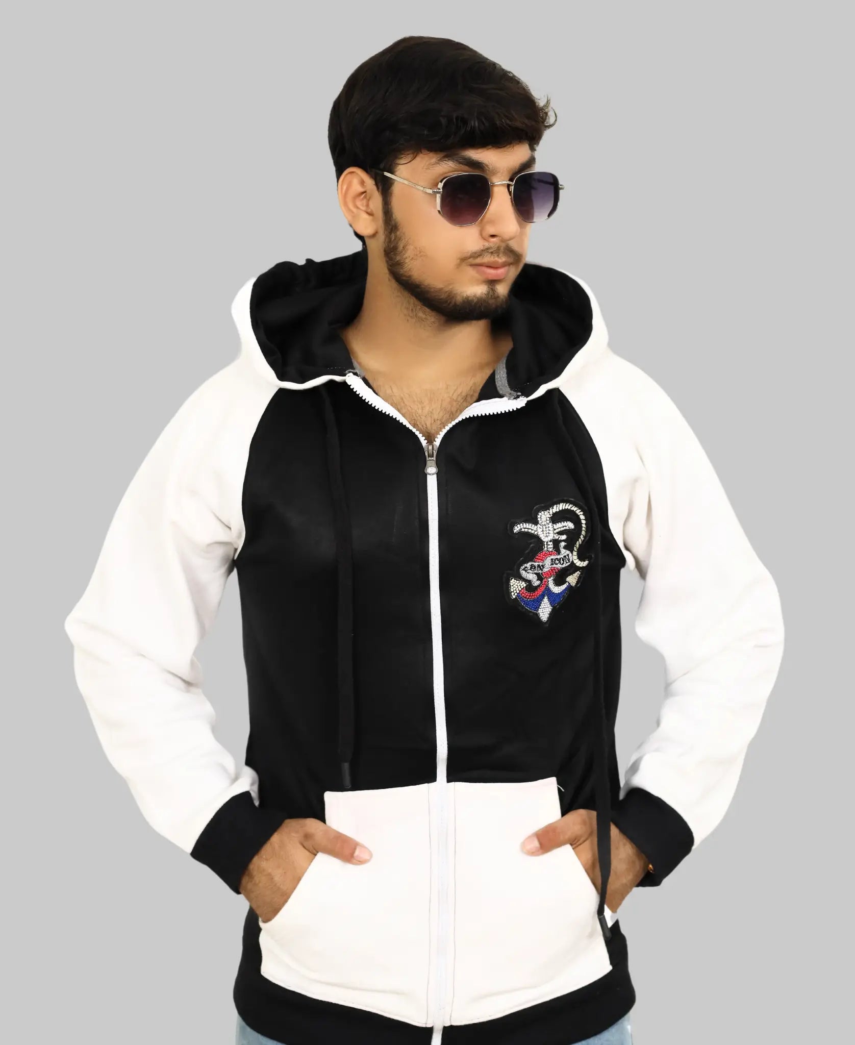 Men’s Black & White Color Block Zip-Up Hoodie