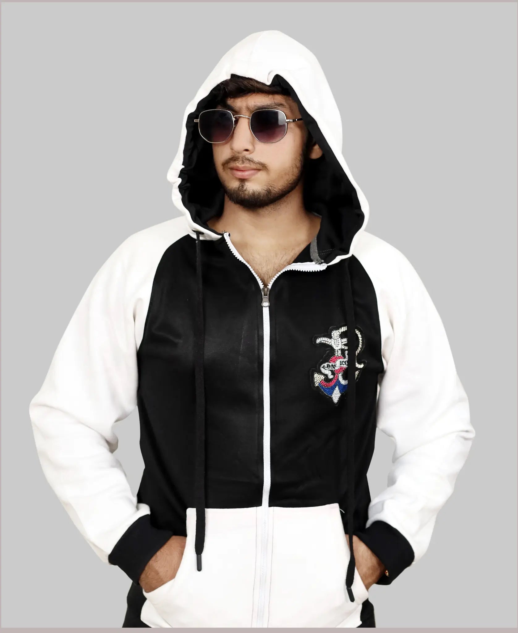 Men’s Black & White Color Block Zip-Up Hoodie