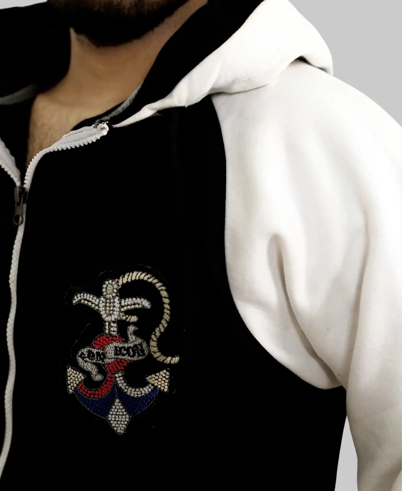 Men’s Black & White Color Block Zip-Up Hoodie