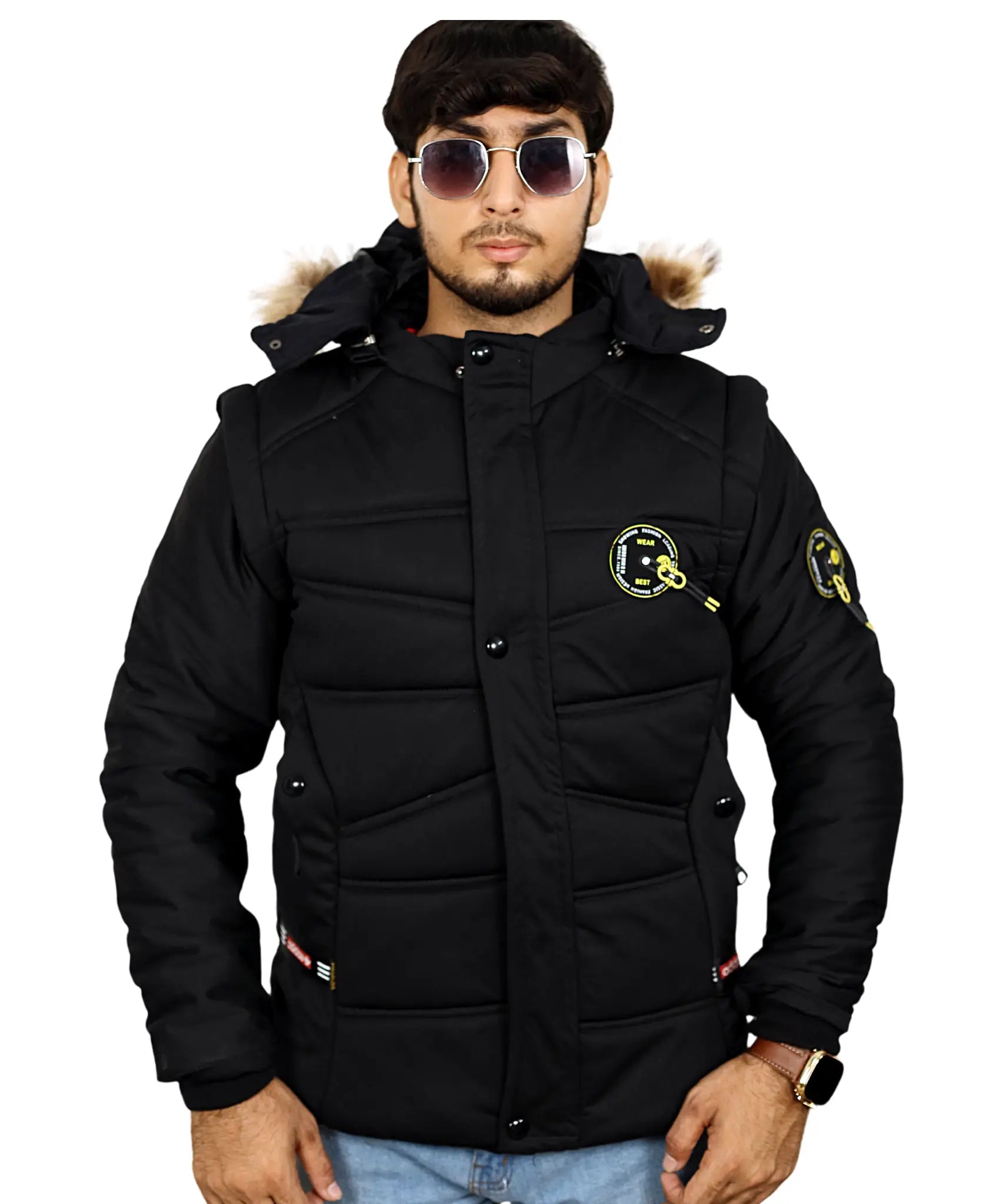 Men's Hooded Puffer Jacket with Removable Hood & Sleeves