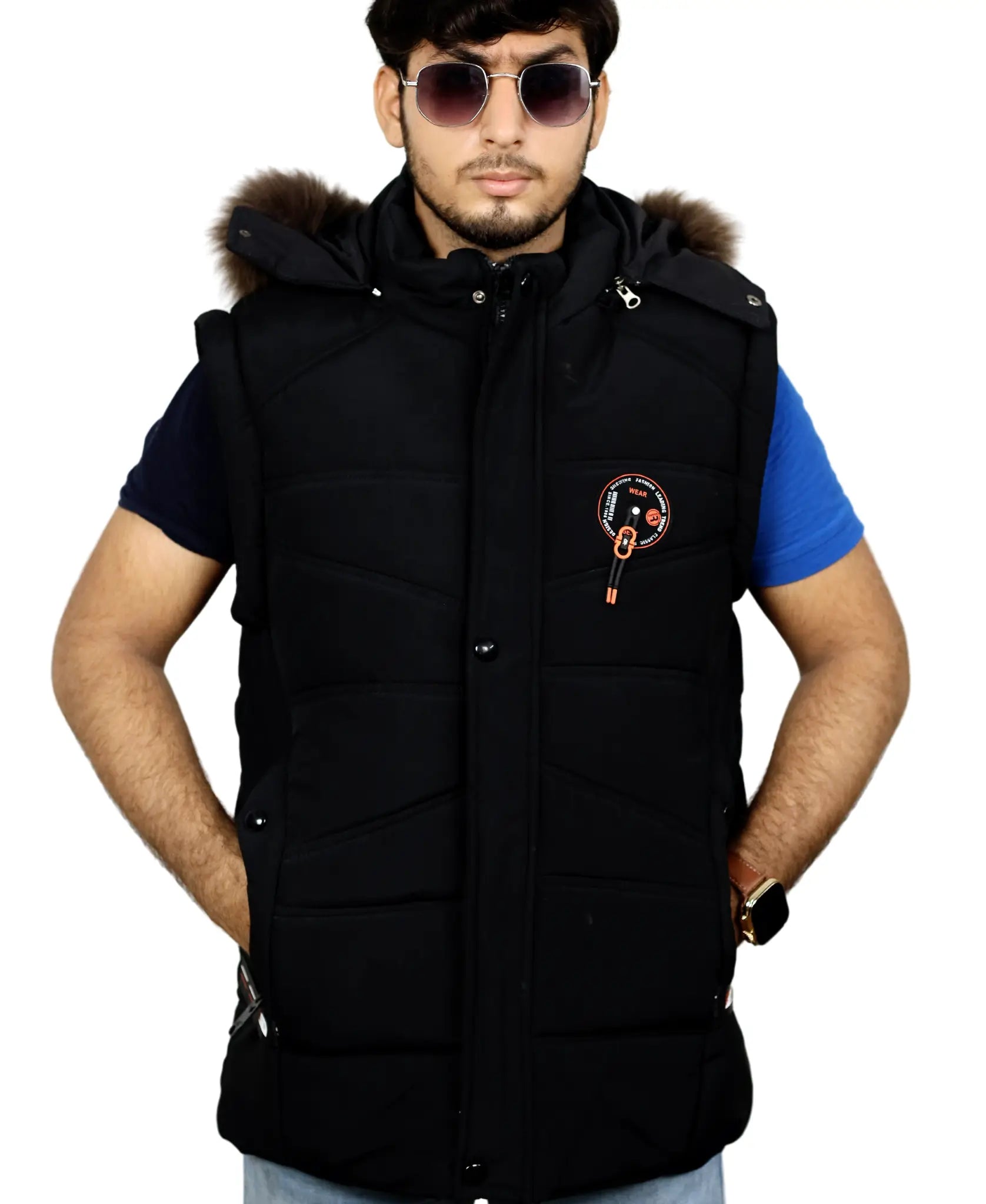 Men's Hooded Puffer Jacket with Removable Hood & Sleeves