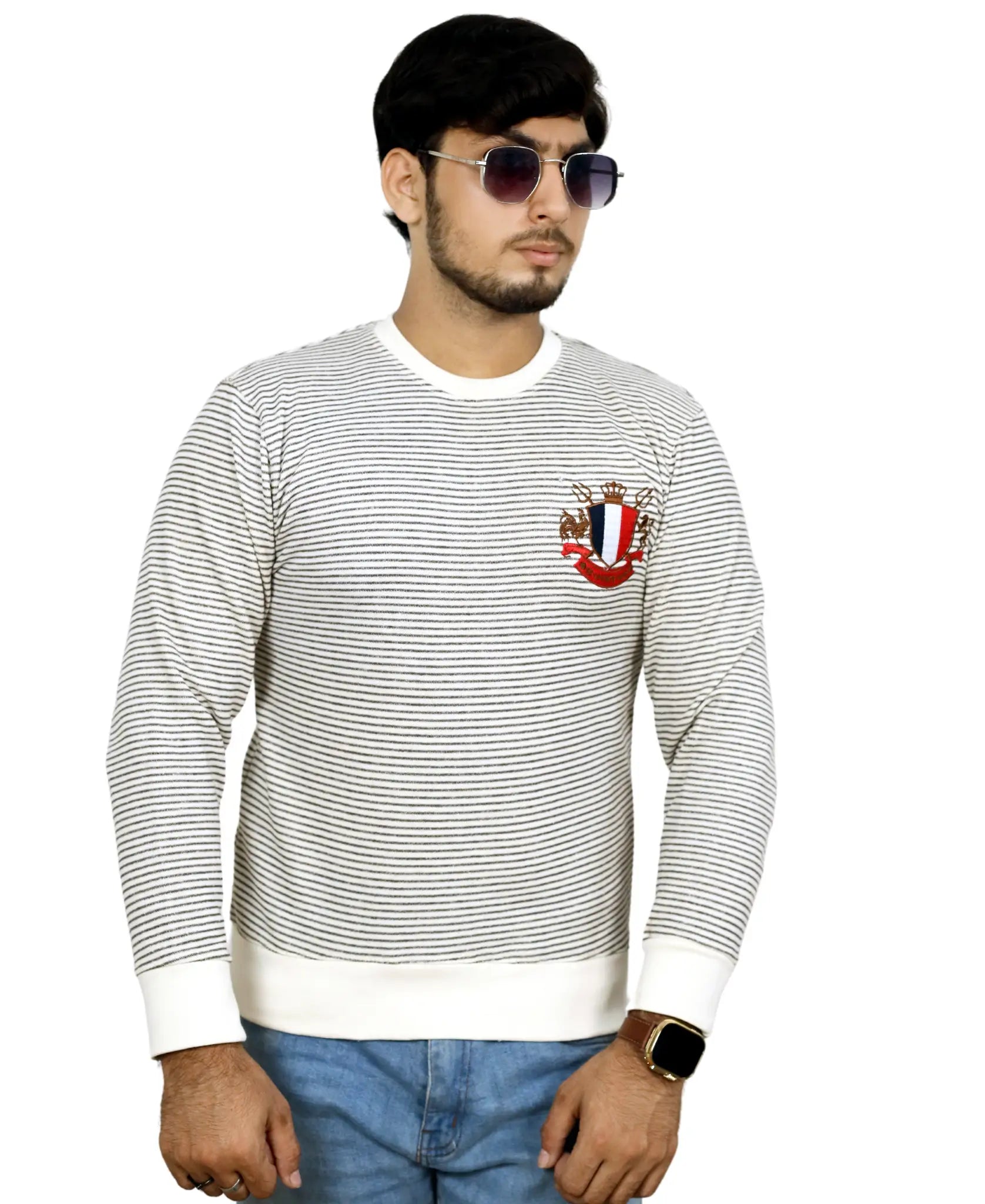 Men's Striped Crewneck Sweatshirt with Embroidered Crest