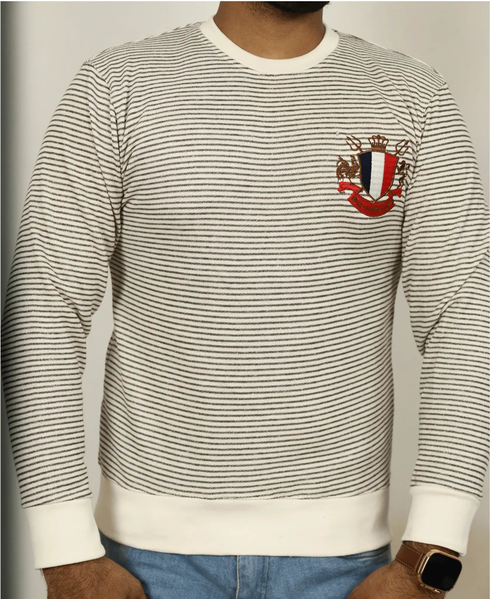 Men's Striped Crewneck Sweatshirt with Embroidered Crest