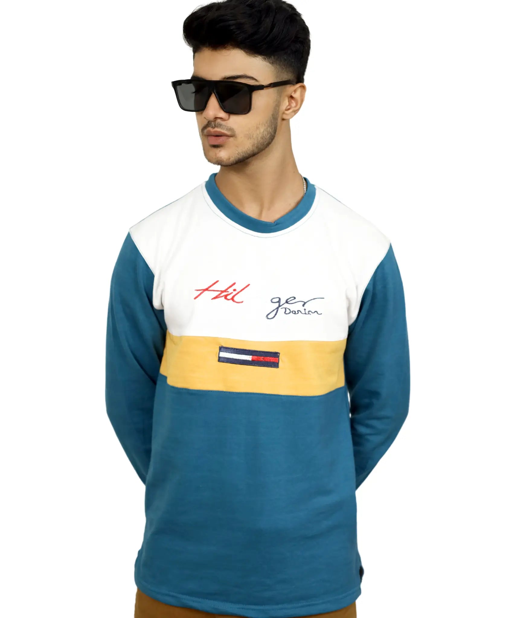 Men's Tri-Color Crewneck Sweatshirt with Signature Embroidery